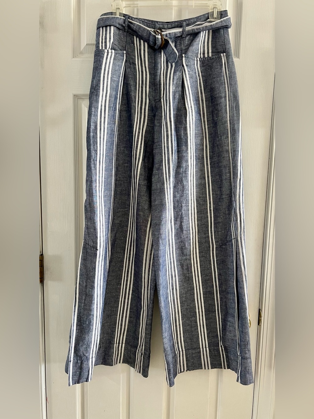 Anthropologie Navy Blue & White Vertical Stripe Wide-Leg Pants Size 4